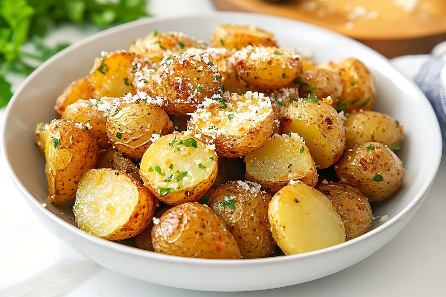 Garlic butter potatoes served in a white bowl.