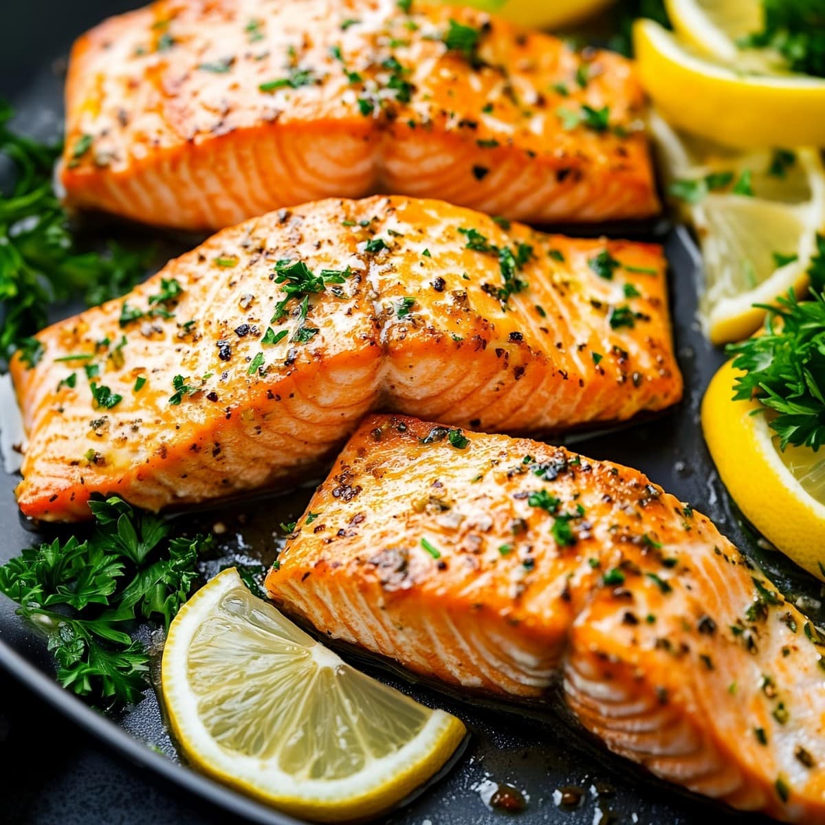 Garlic butter salmon with herbs and lemon slices served on a skillet pan.