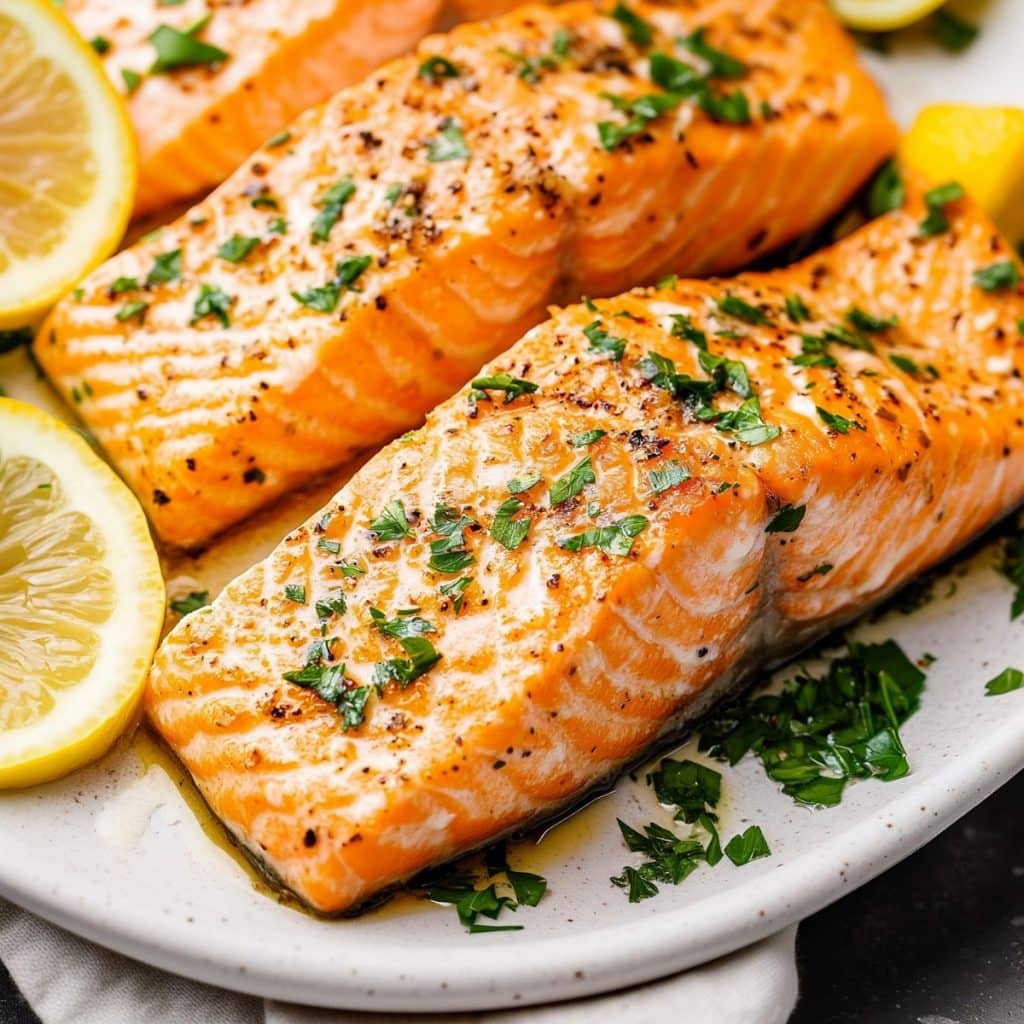 Baked salmon in a white plate with garlic butter sauce garnished with lemon slices.