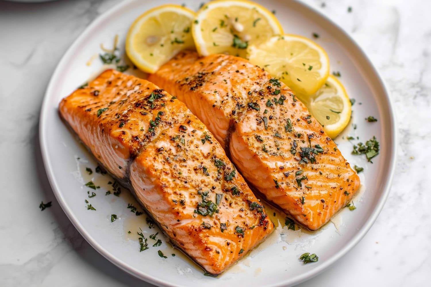 Salmon with garlic butter sauce garnished with lemon slices served on a plate.