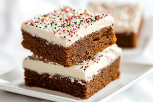 Gingerbread bars with cream cheese served in a square saucer.