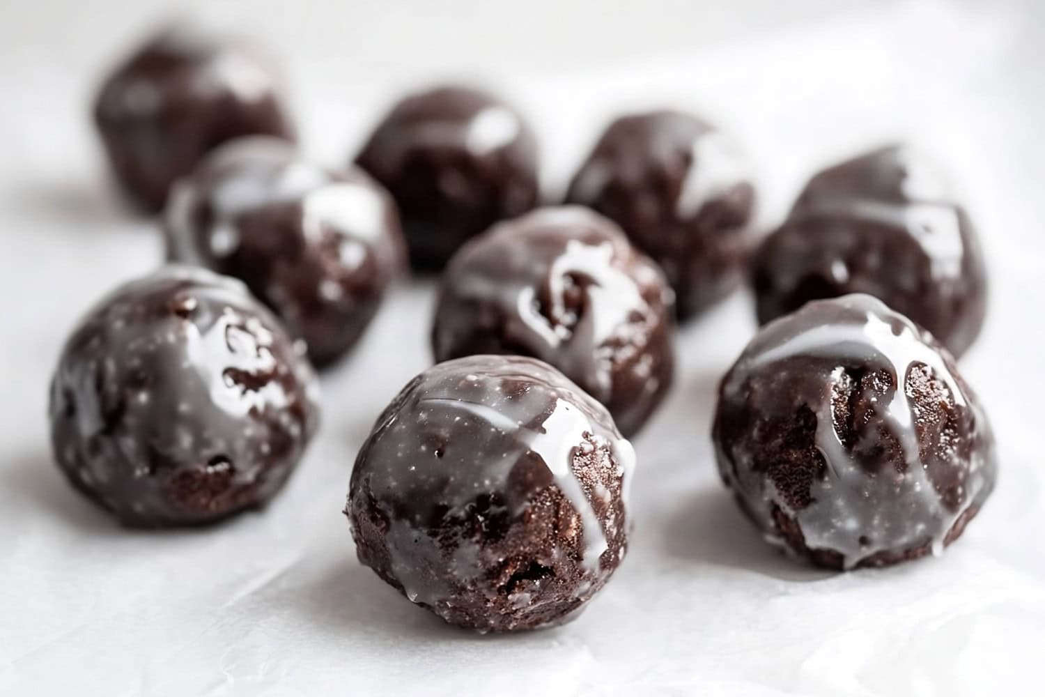 A close-up of glazed chocolate donut holes arranged on parchment paper.