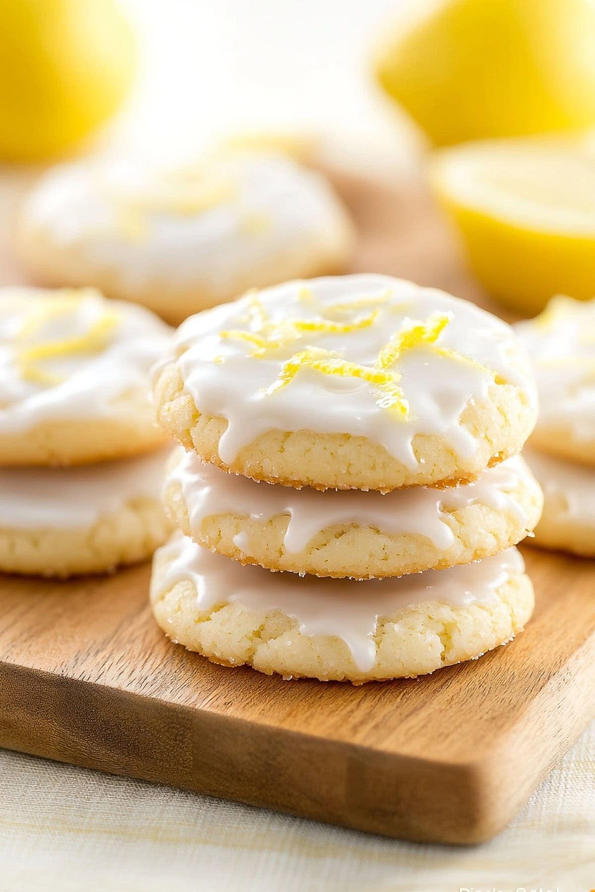 Lemon sugar cookies with glaze stacked on a wooden board.