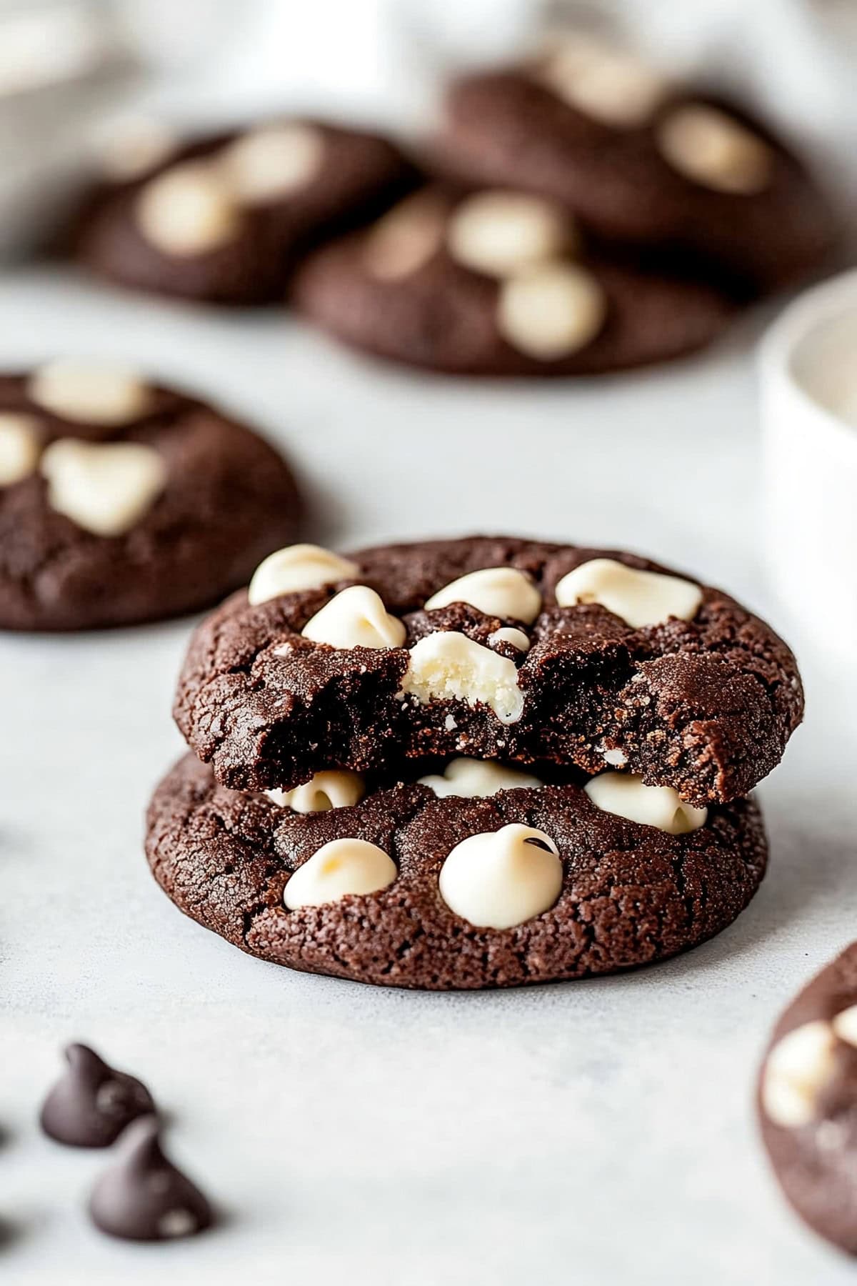 Chocolate cookies with white chocolate chips stack on a light table. One has a bite taken.