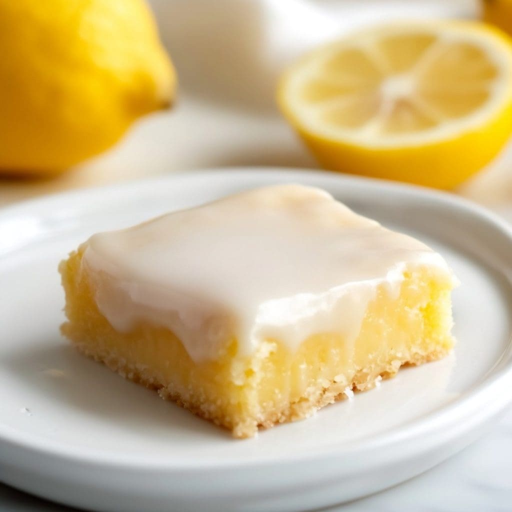 Fudgy, chewy lemon brownies with lemon glaze served on a white plate.