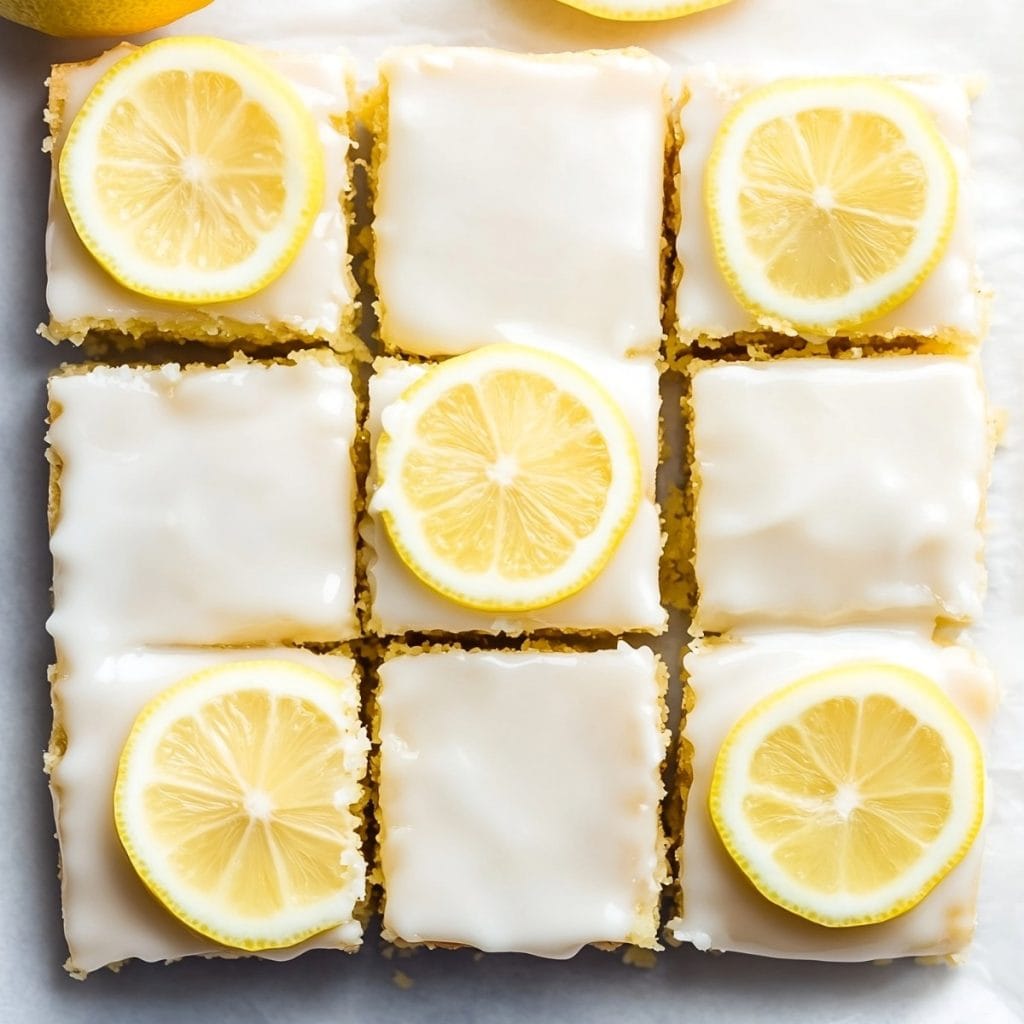 Sliced lemon brownies with lemon glaze and lemon slices on top, top view