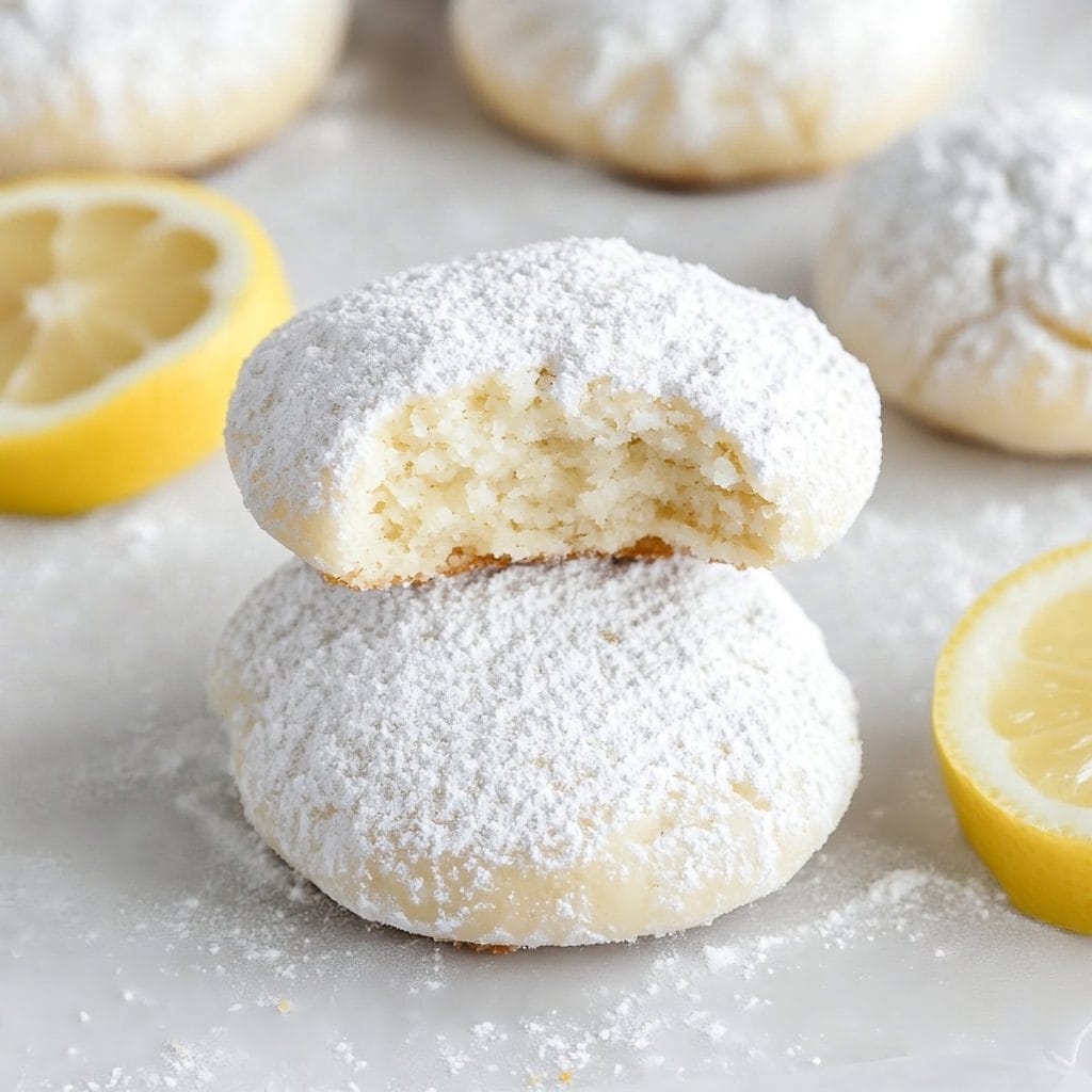 Two lemon cooler cookies coated with powdered sugar stack on top of each other on a table. One has a bite removed.