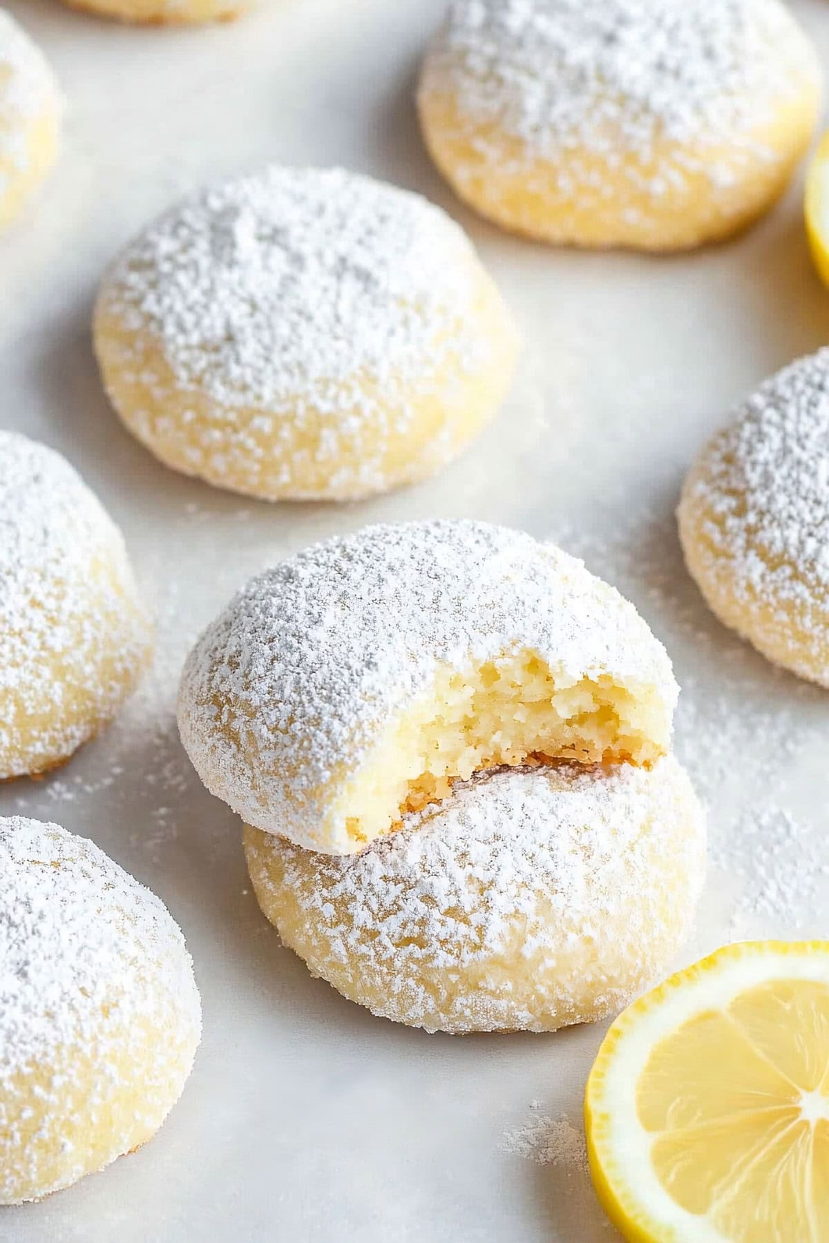 Powdered sugar coated lemon cookies on a flat surface.