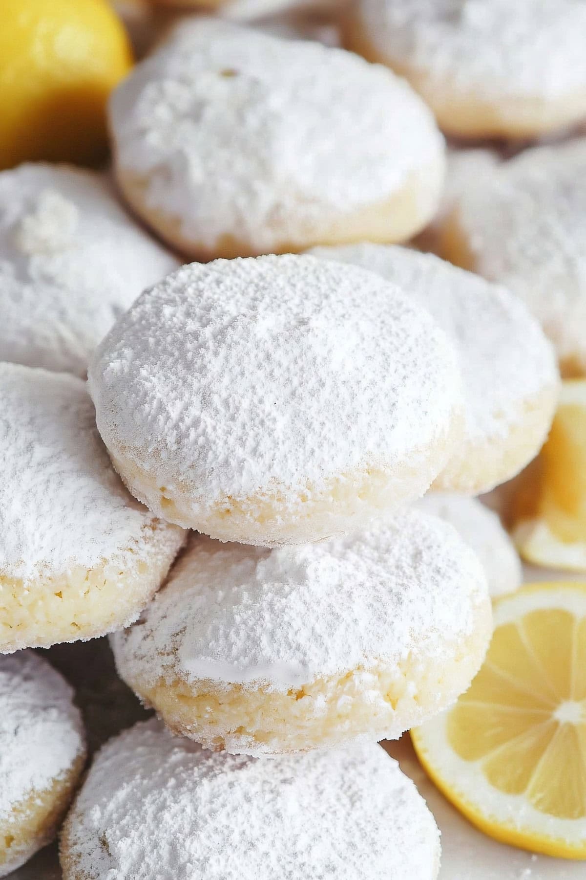 Lemon cooler cookies piled on a serving plate with lemon slices. 