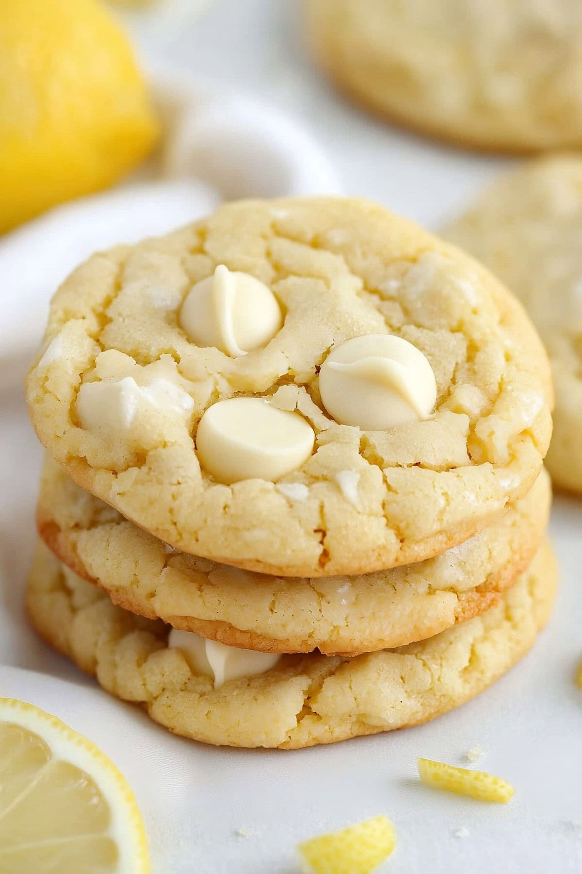 Stack of lemon and white chocolate chip cookies with slices of lemon on table.