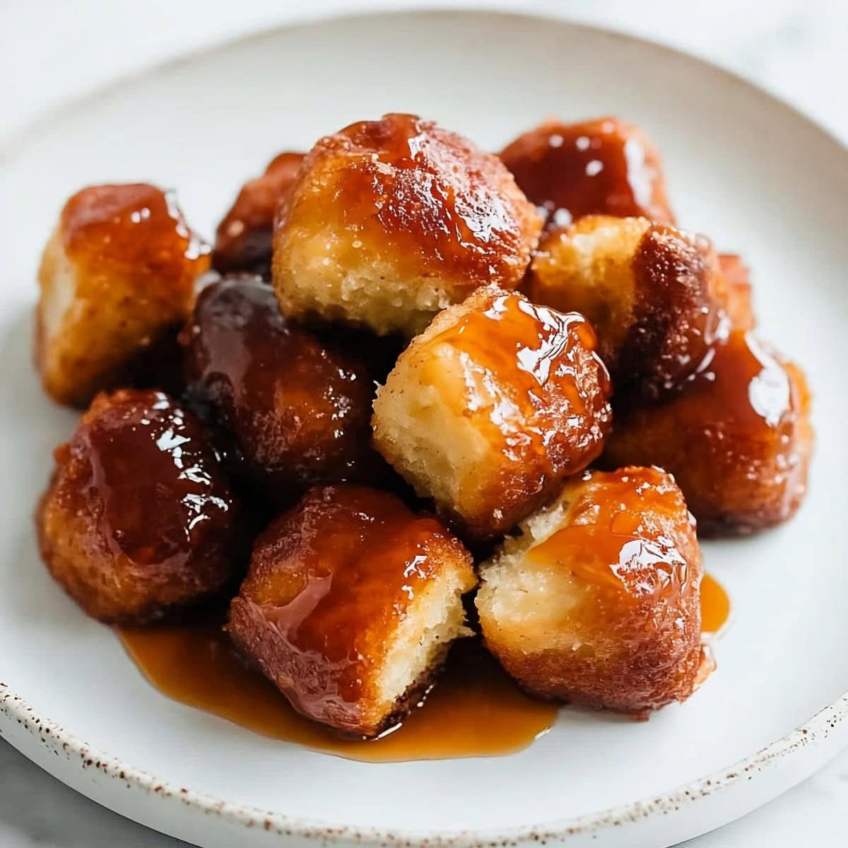 Pulled apart monkey bread pieces drizzled with brown sugar sauce served on a white plate.