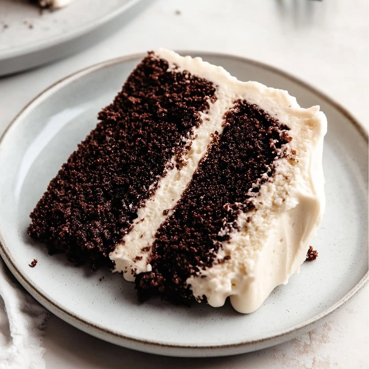 A slice of chocolate cake filled and covered with cream cheese frosting, served on a plate