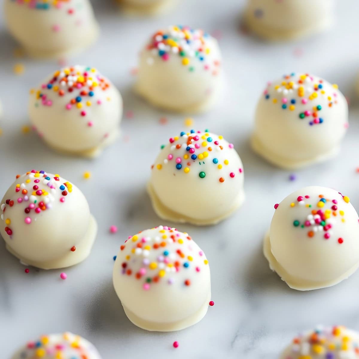 Sugar cookie truffles with candy sprinkles arranged on a marble surface.