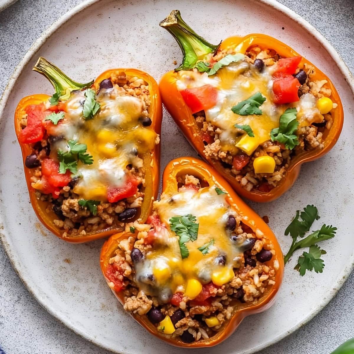 Stuffed with ground turkey, black beans, corn, and rice, all topped with melty cheese bell peppers served in a plate.