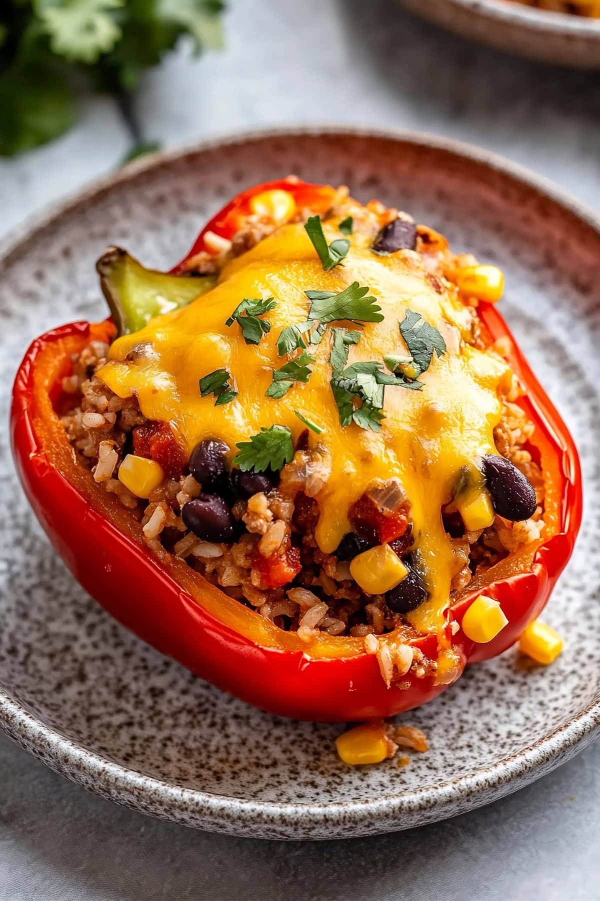 A serving of taco stuffed red bell pepper served in a plate.