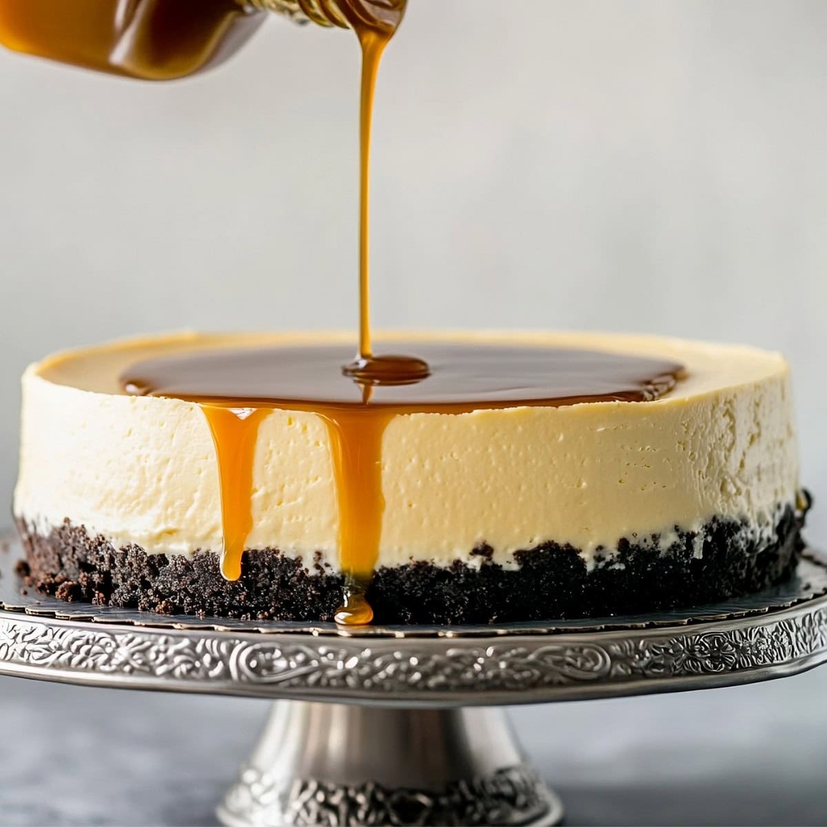 Caramel sauce poured over cheesecake on a cake stand