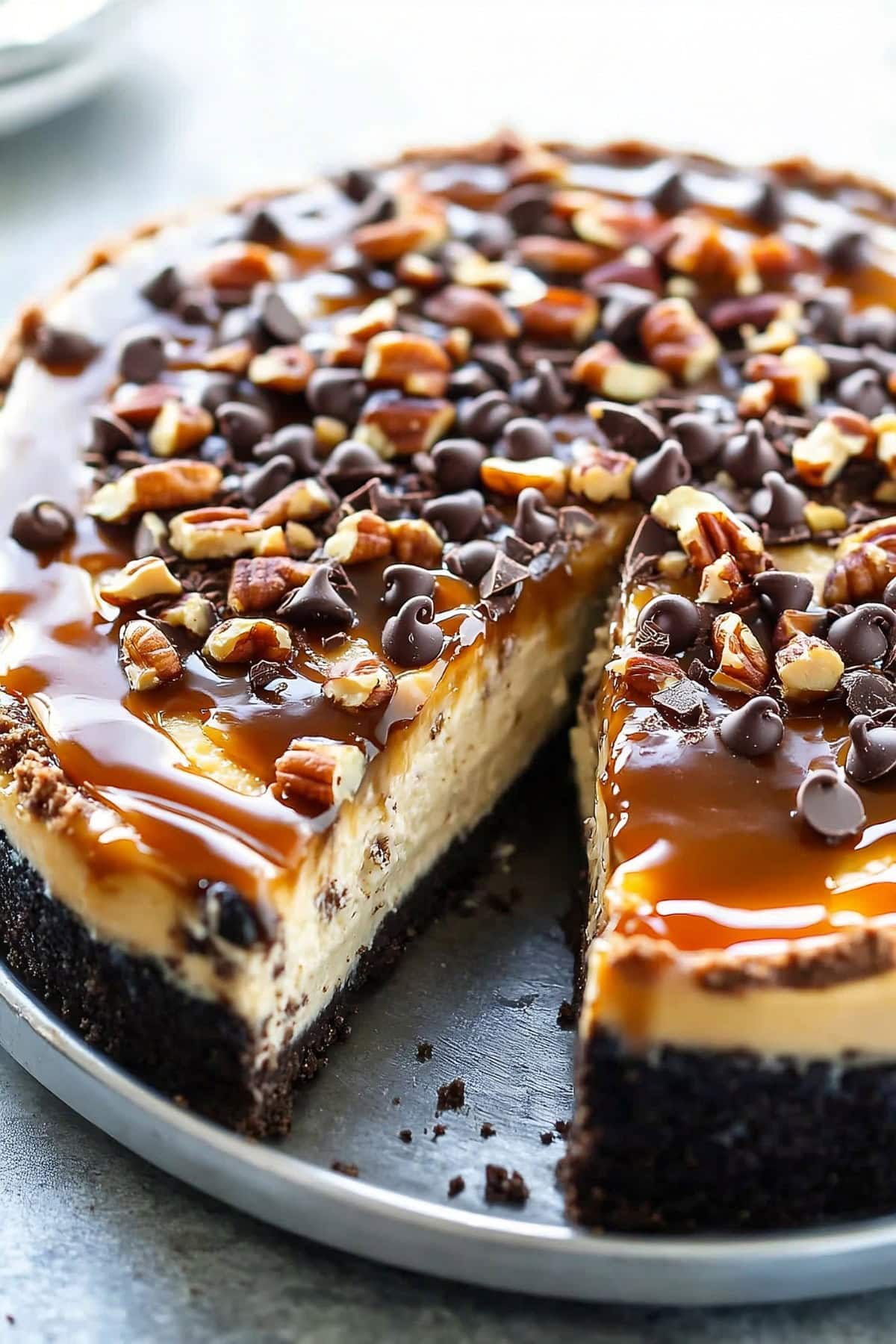 A whole caramel turtle cheesecake topped with caramel sauce, chopped pecan and chocolate chips with a slice removed, close up