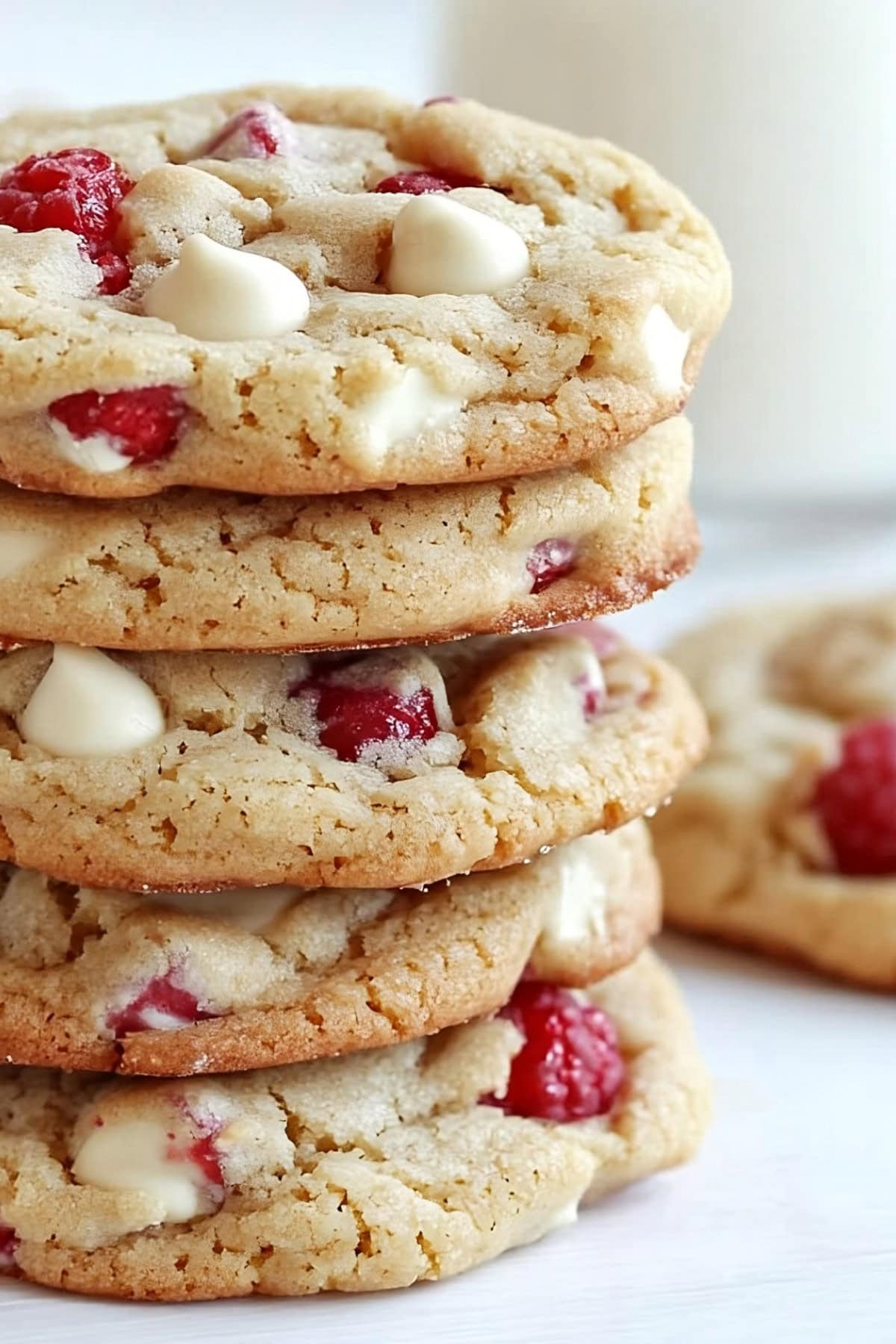 A stack of cookies with white chocolate chips and raspberries, close-up.