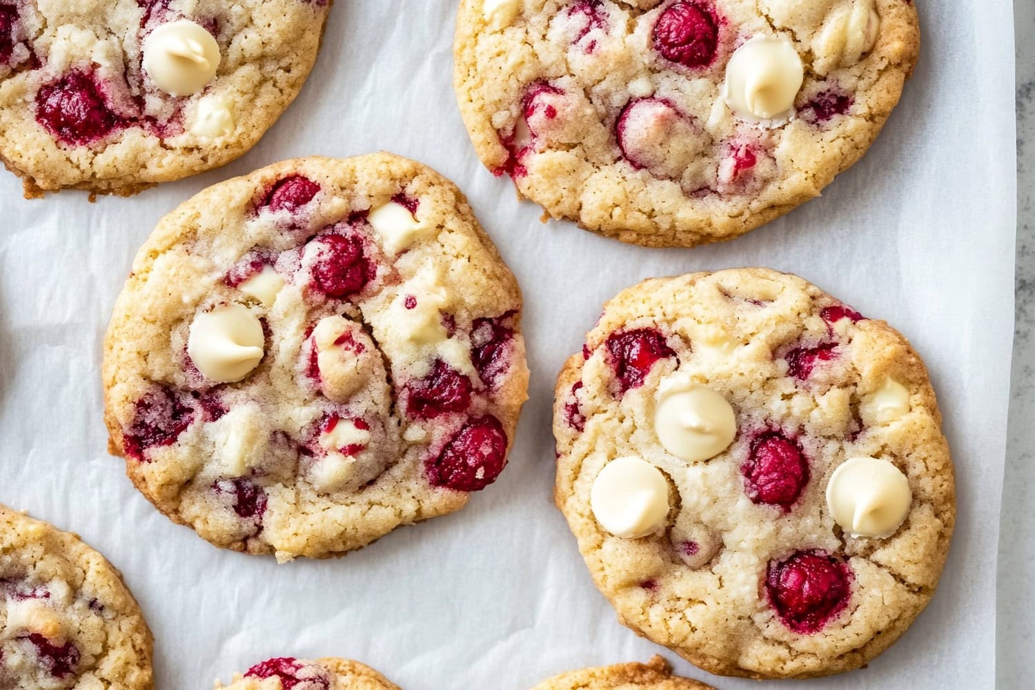 An overhead view of white chocolate raspberry cookies on parchment paper.