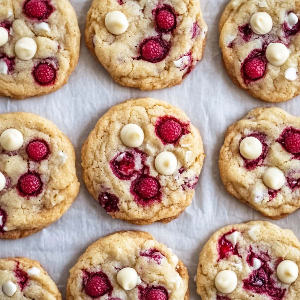 Soft and chewy white chocolate raspberry cookies, top view on parchment paper