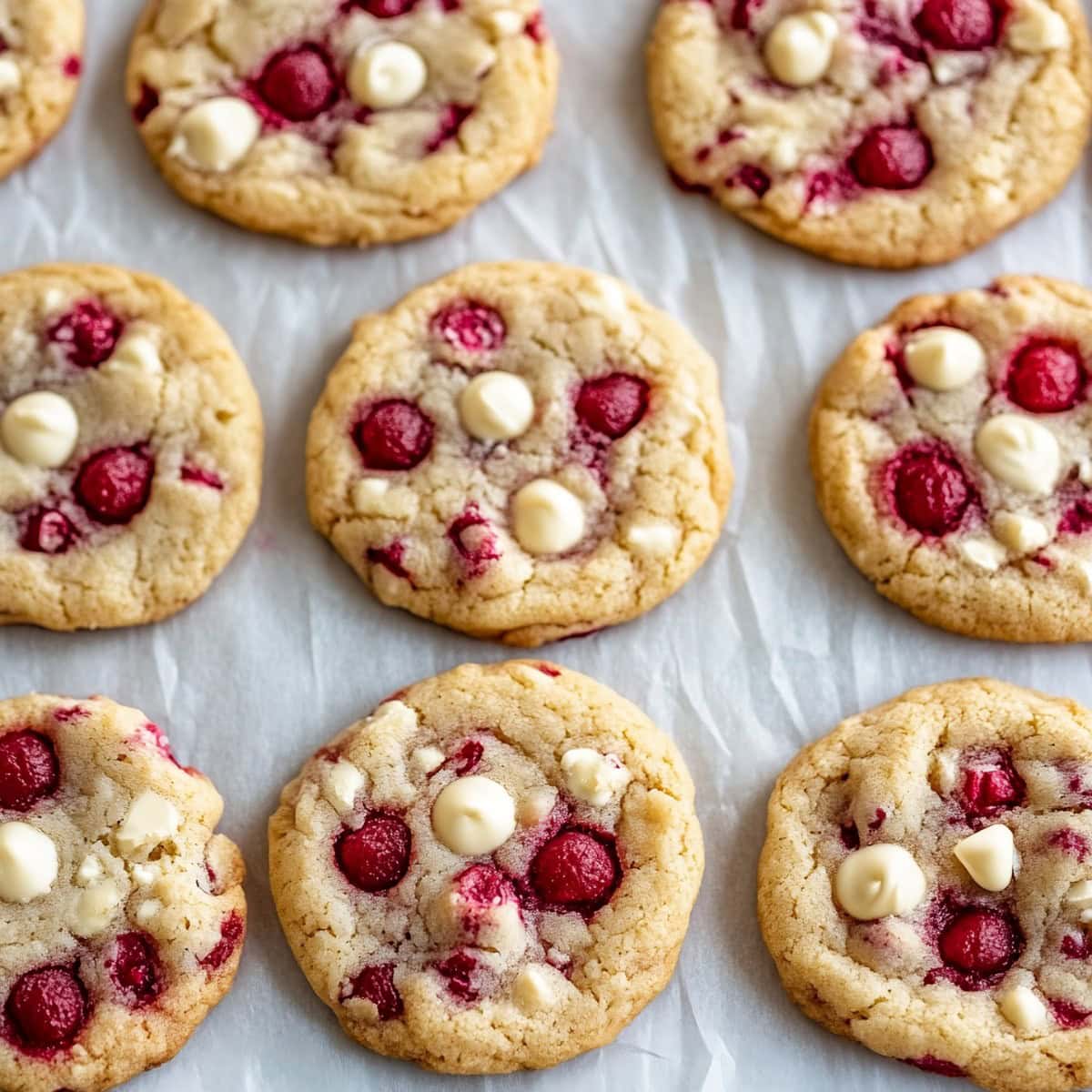 White chocolate chip and raspberry cookies lined on parchment paper, top view