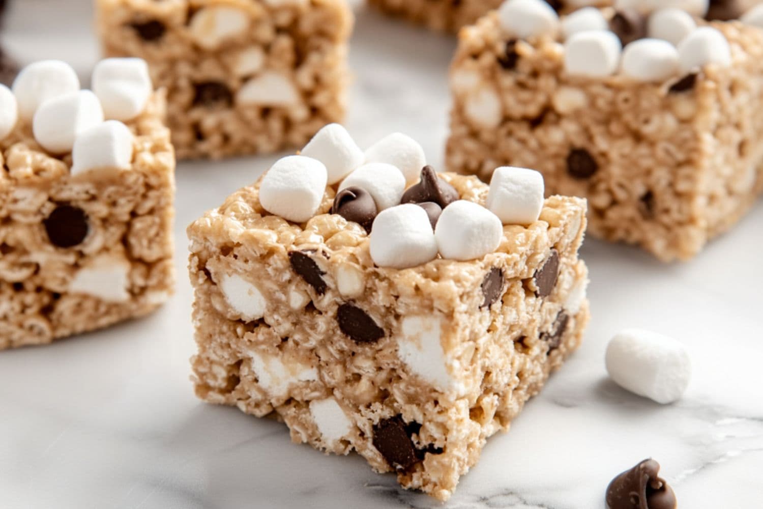 Square slices of avalanche bars mini chocolate chips and marshmallows.