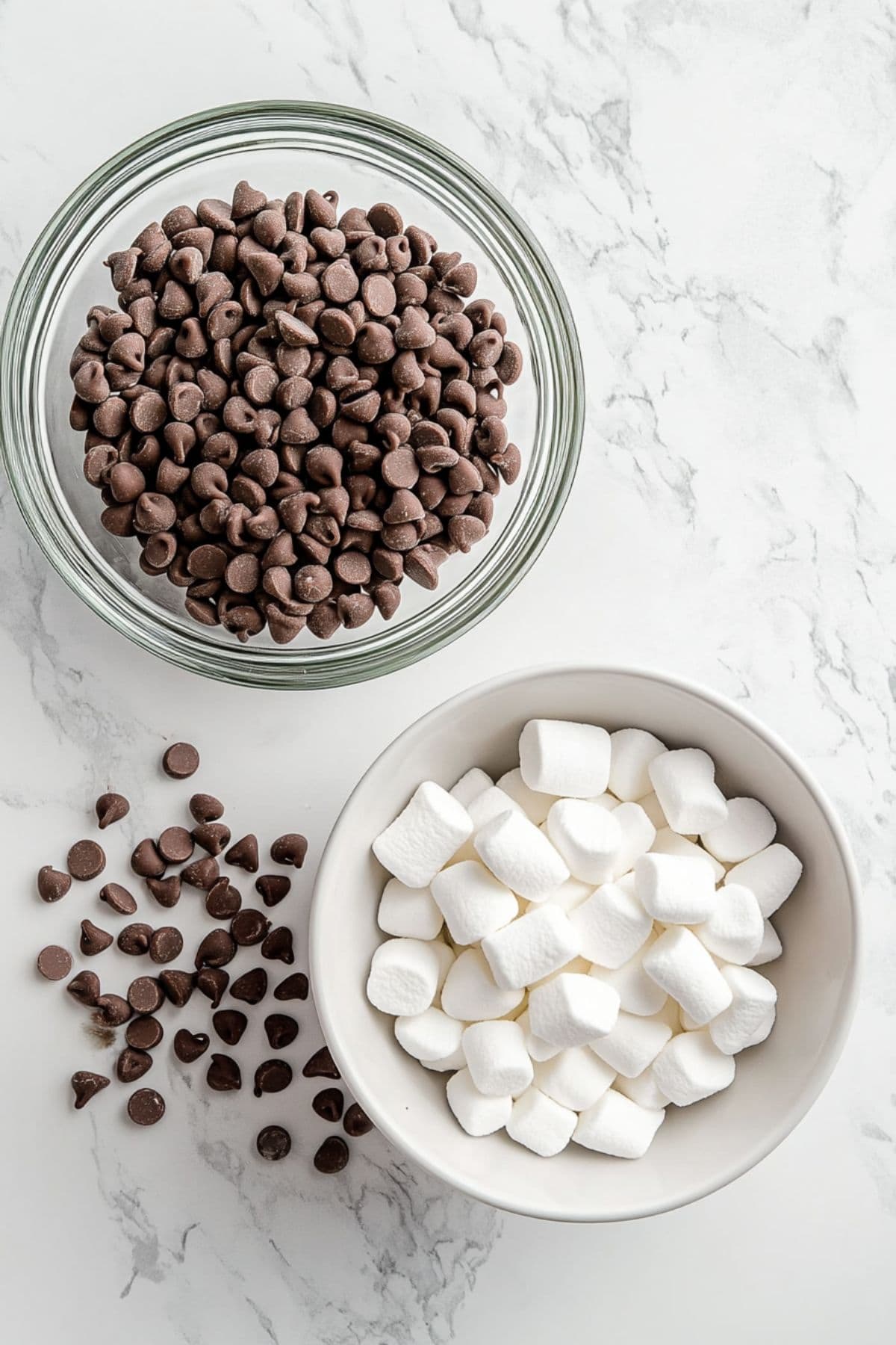 Mini chocolate chips and marshmallows in a bowls, top view.