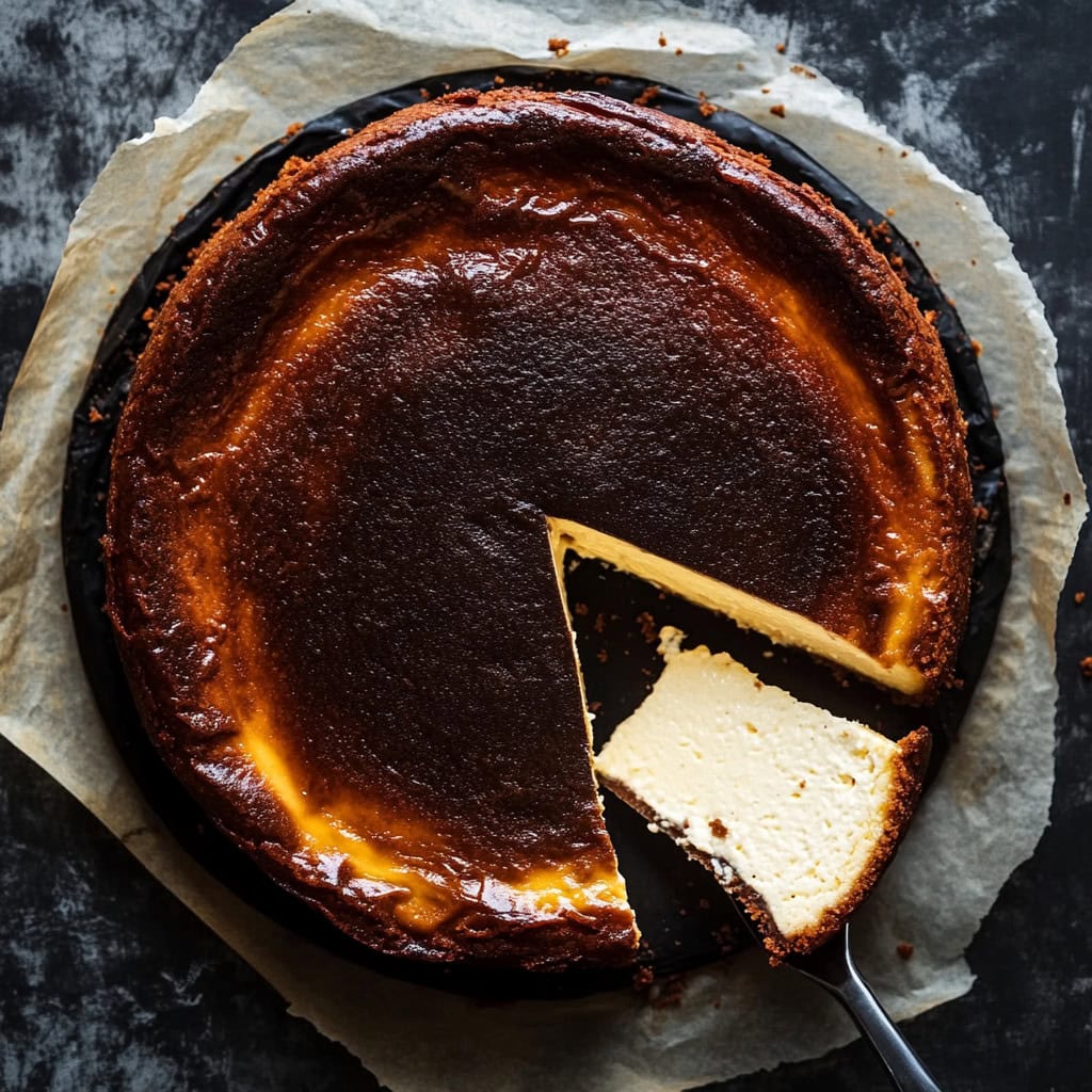 Whole Basque Cheesecake on a table with a slice removed, top view