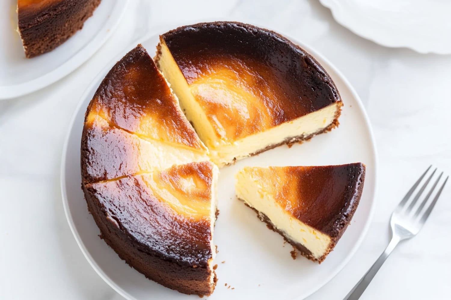 Creamy homemade burnt Basque cheesecake with a slightly sunken cracked top.