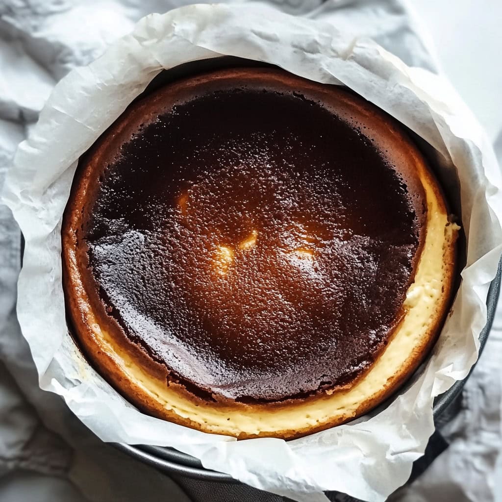 Basque Cheesecake in a springform pan with parchment paper, top view