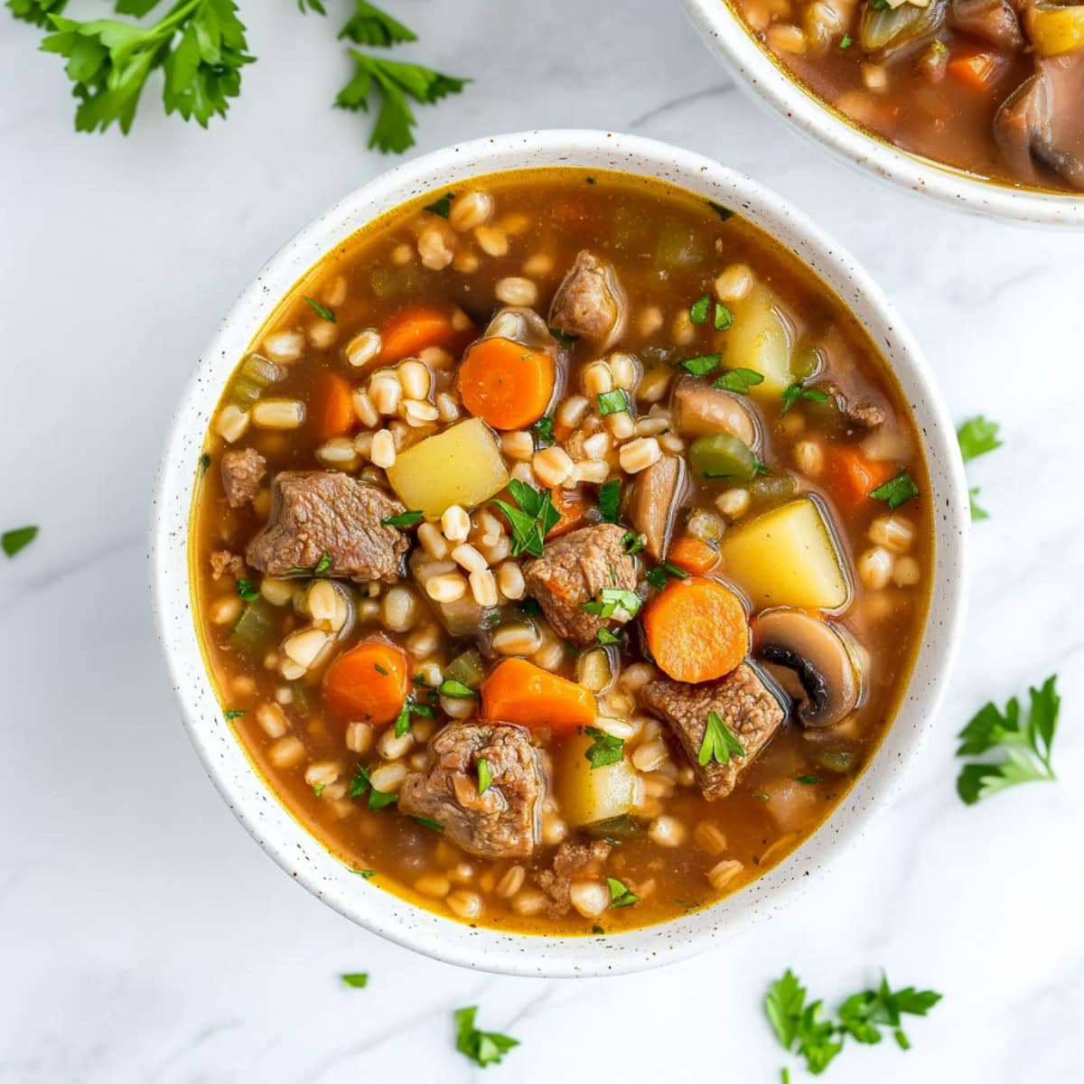 Overhead view of beef barley soup in a bowl with veggies.