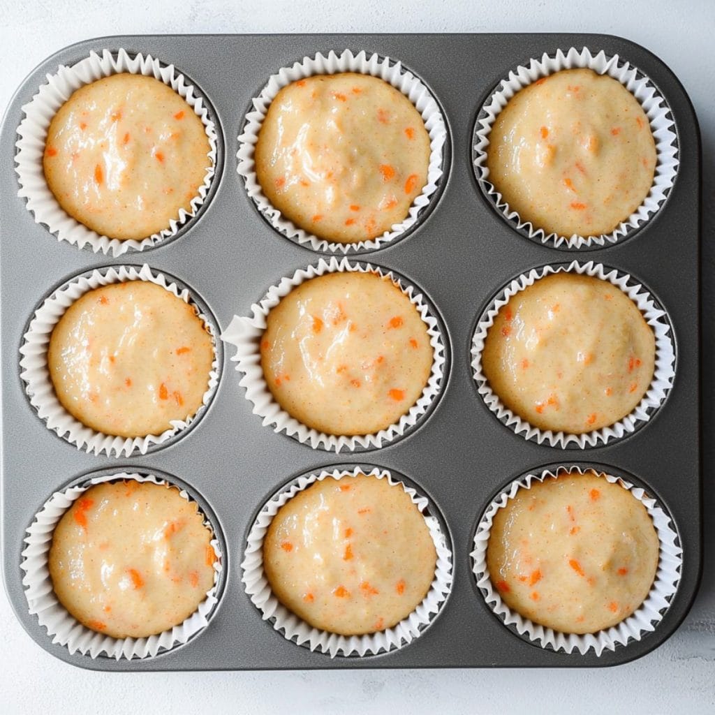 Carrot cake muffin batter in a muffin pan, top view.