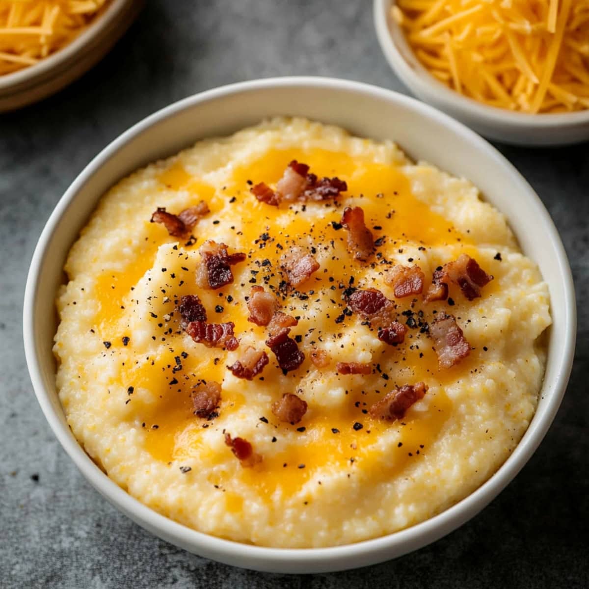 Thick, creamy cheesy grits served in a white bowl ready to be served.