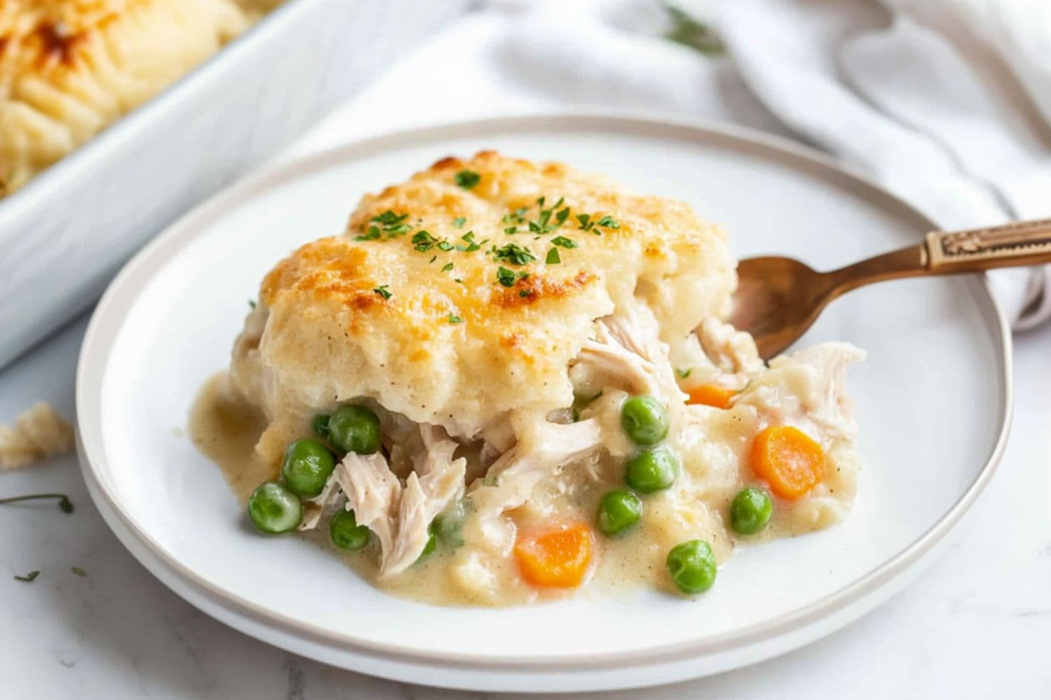 Chicken and dumpling casserole with shredded chicken, creamy sauce and veggies served on a white plate.