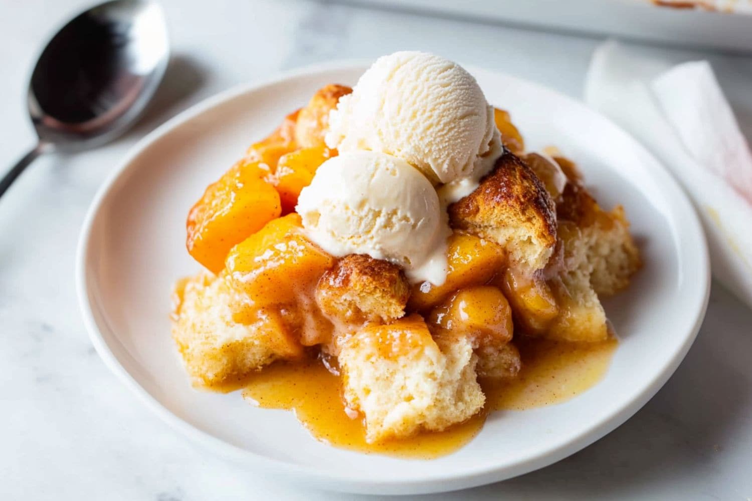 Peach cobbler with chunks of cinnamon rolls served in a white plate with vanilla ice cream.