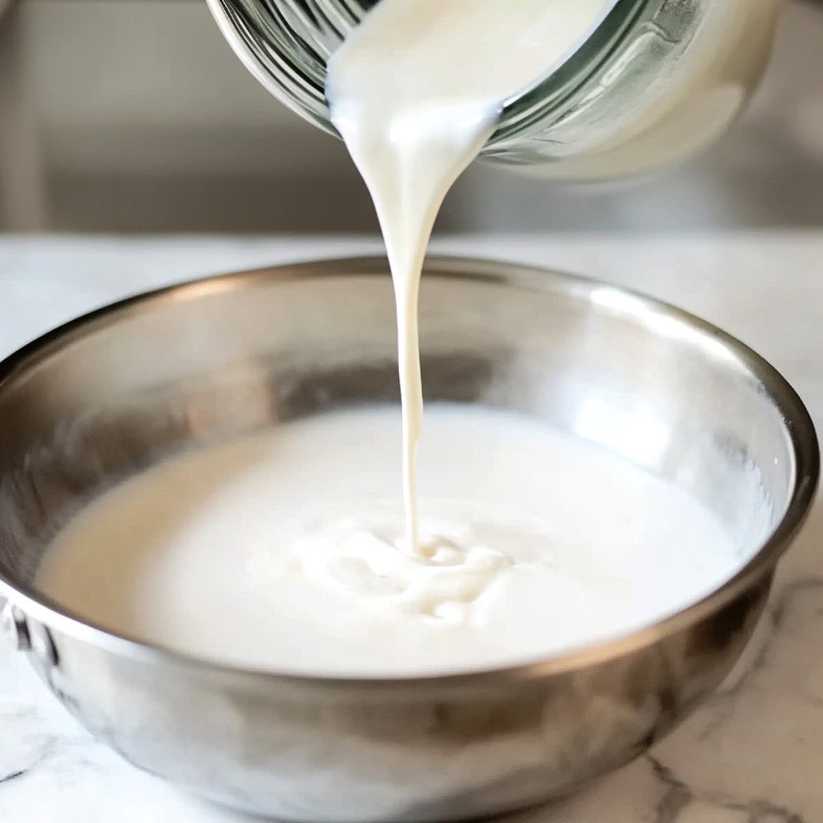 Coconut milk pouring into a metal mixing bowl.