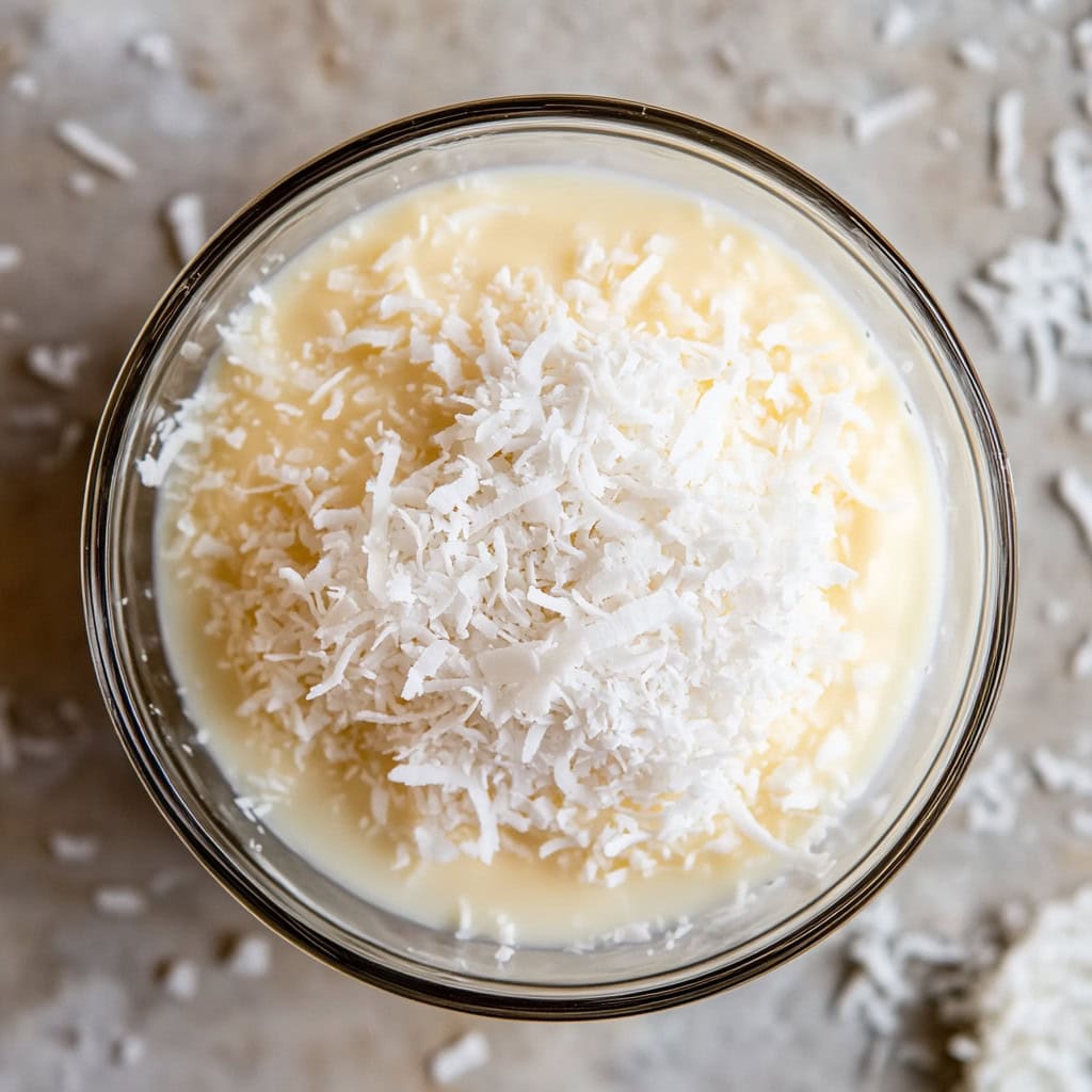 Coconut and Condensed Milk in a glass bowl, top view