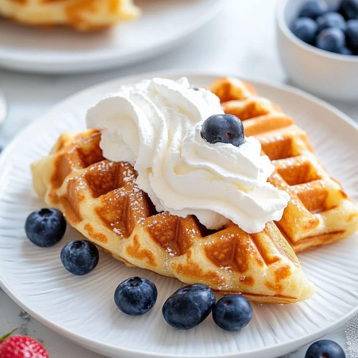 Croffles topped with whipped cream and garnished with bluberries served on a white plate.