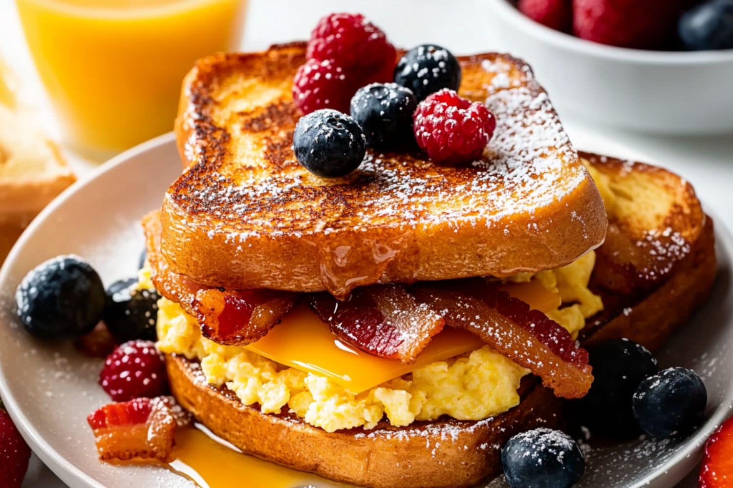 French toast bread with egg, bacon and cheese inside garnished with berries drizzled with maple syrup.