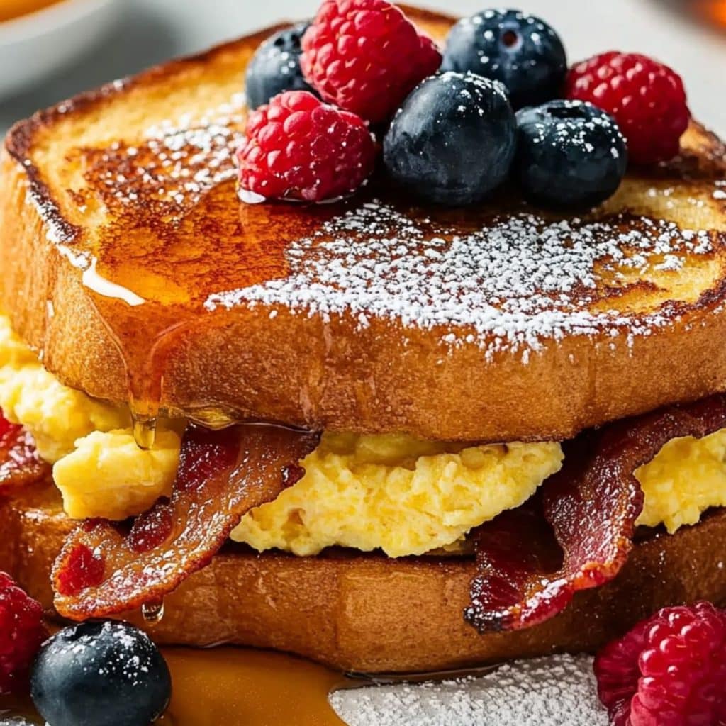 French toast bread with scrambled eggs, bacon and cheese garnished with sugar powder, drizzled with maple syrup garnished with berries.