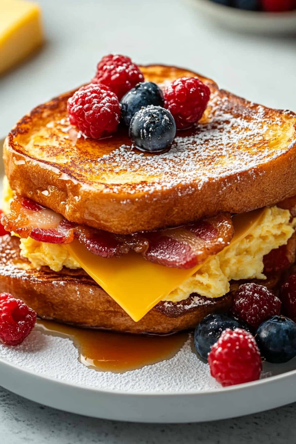 Thick french toast bread with egg, bacon, cheese filling garnished with berries served in a white plate.