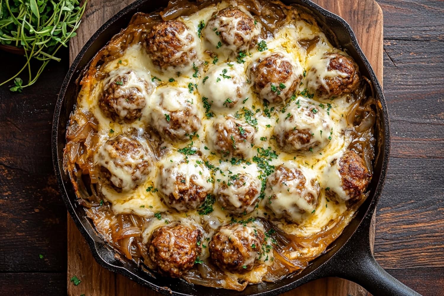 An overhead view of French onion meatballs in a wooden background.