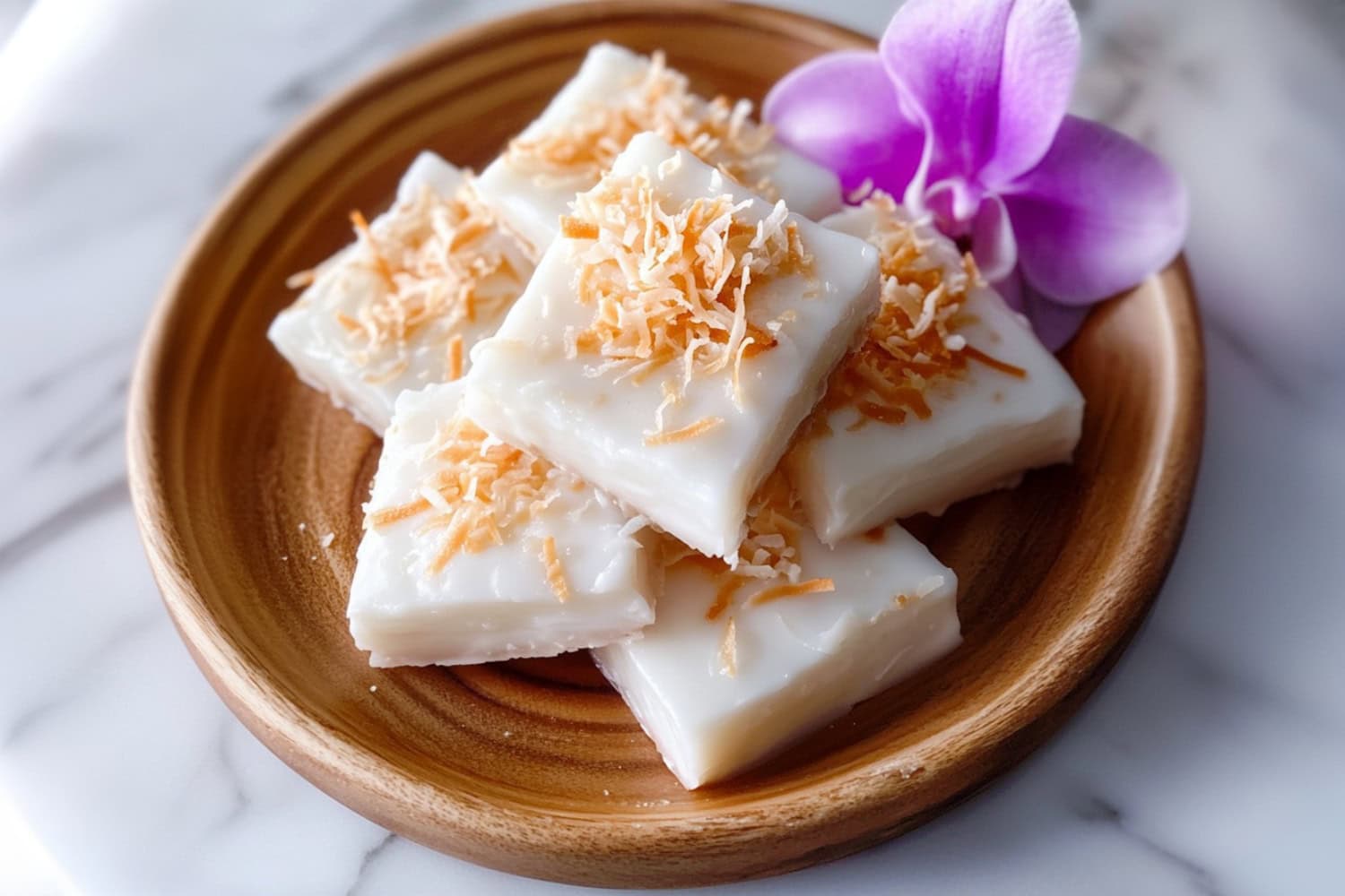 Haupia or Hawaiian Coconut Pudding in a Wooden Bowl on a White Marble Table.