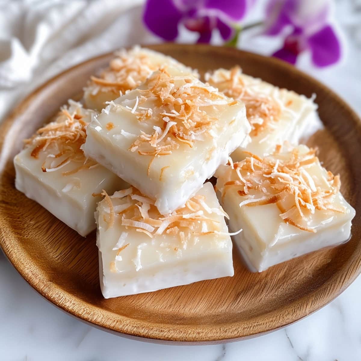 A plate with multiple pieces of haupia, each topped with a light sprinkle of coconut flakes.