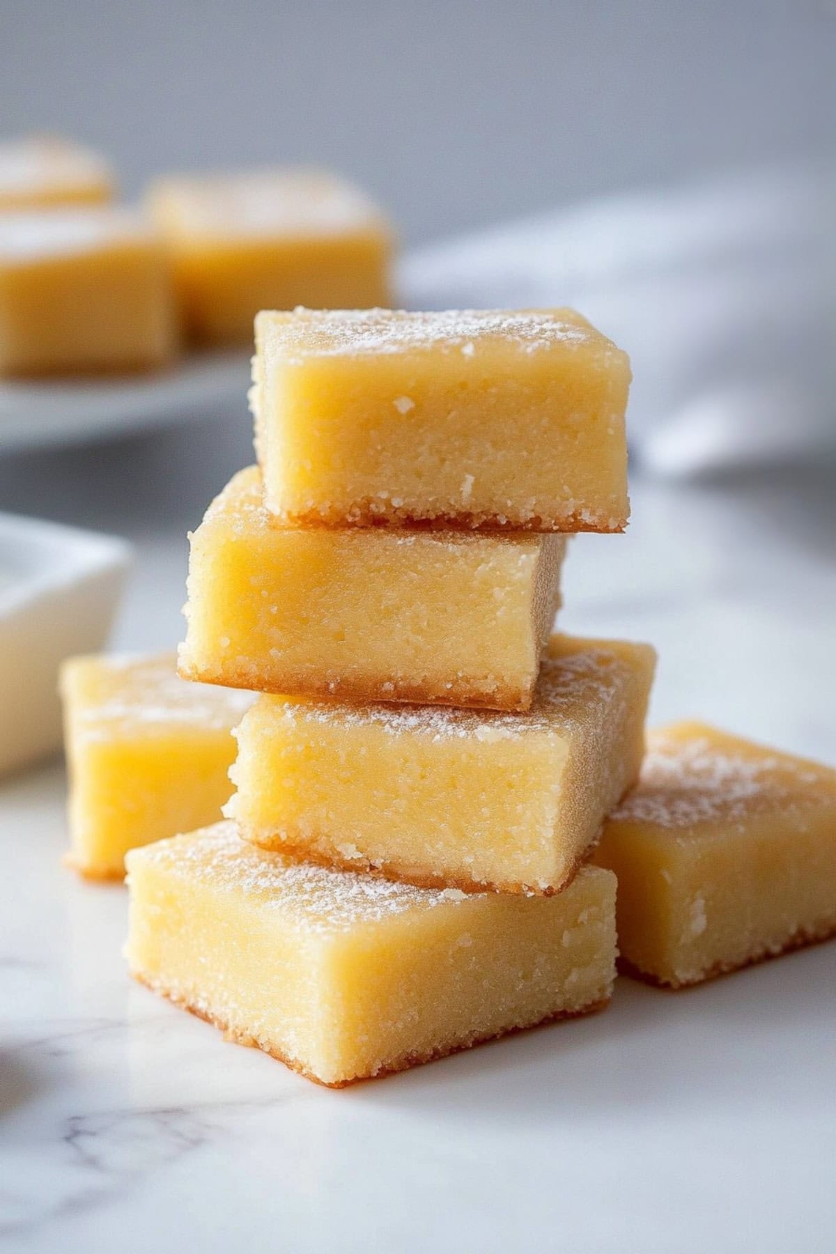 Hawaiian butter mochi squares stacked neatly, showcasing their soft and dense texture.