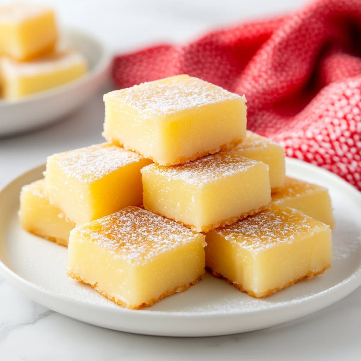 Close-up of buttery, rich Hawaiian mochi stacked on a white plate and dusted with powdered sugar. 