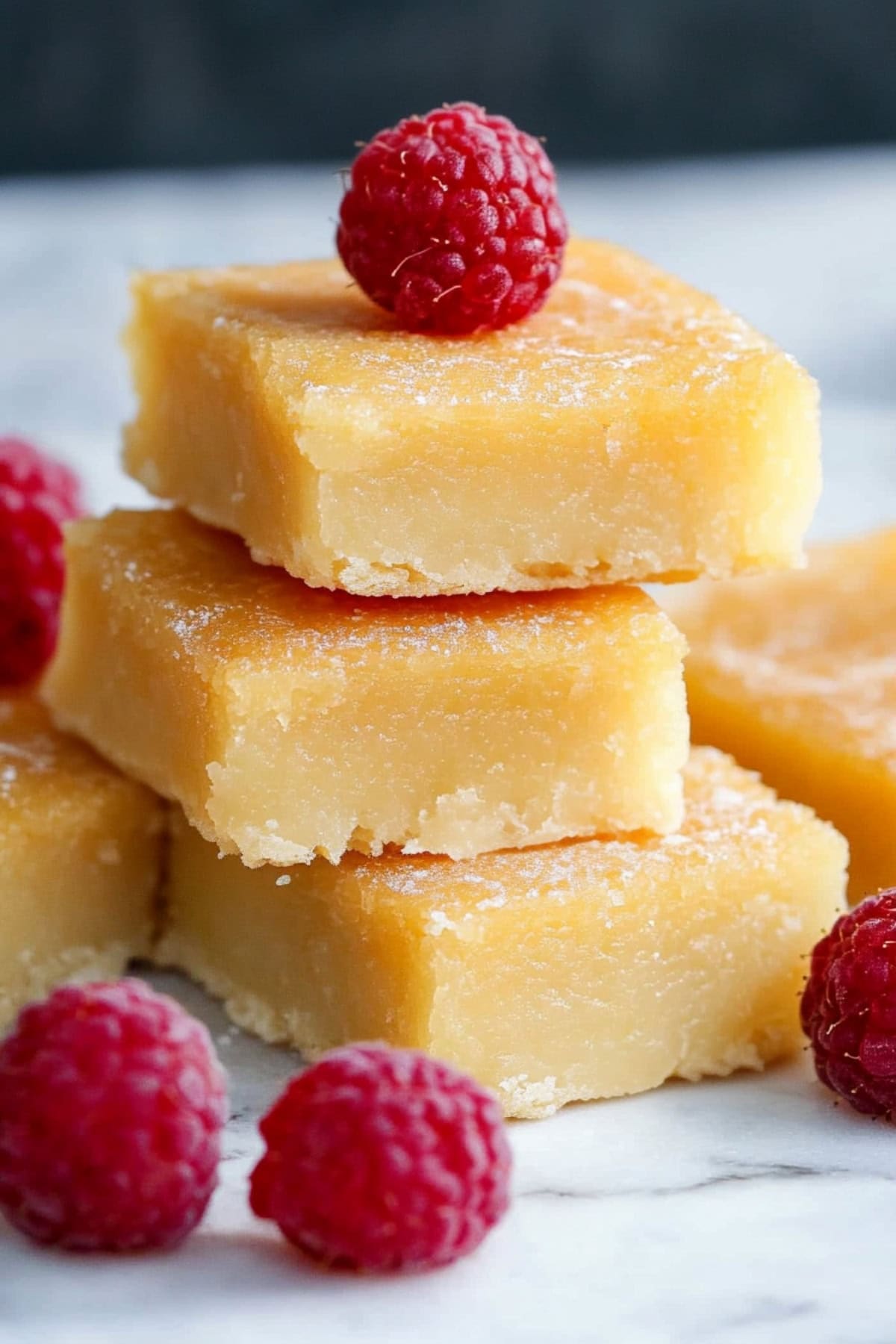 Hawaiian butter mochi stacked on a table with fresh raspberries. Side view, close up.