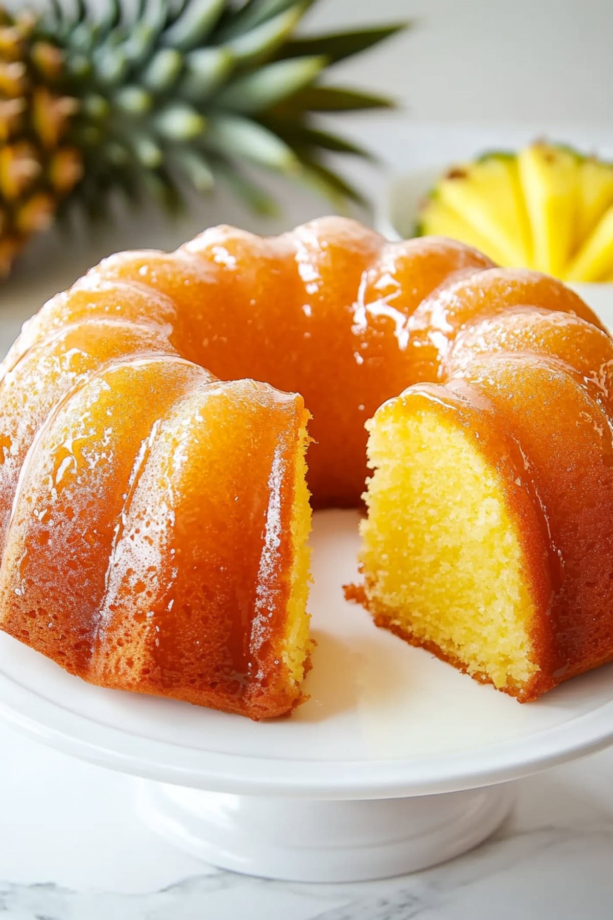 Moist and fluffy homemade pineapple juice cake on an elegant kitchen stand.