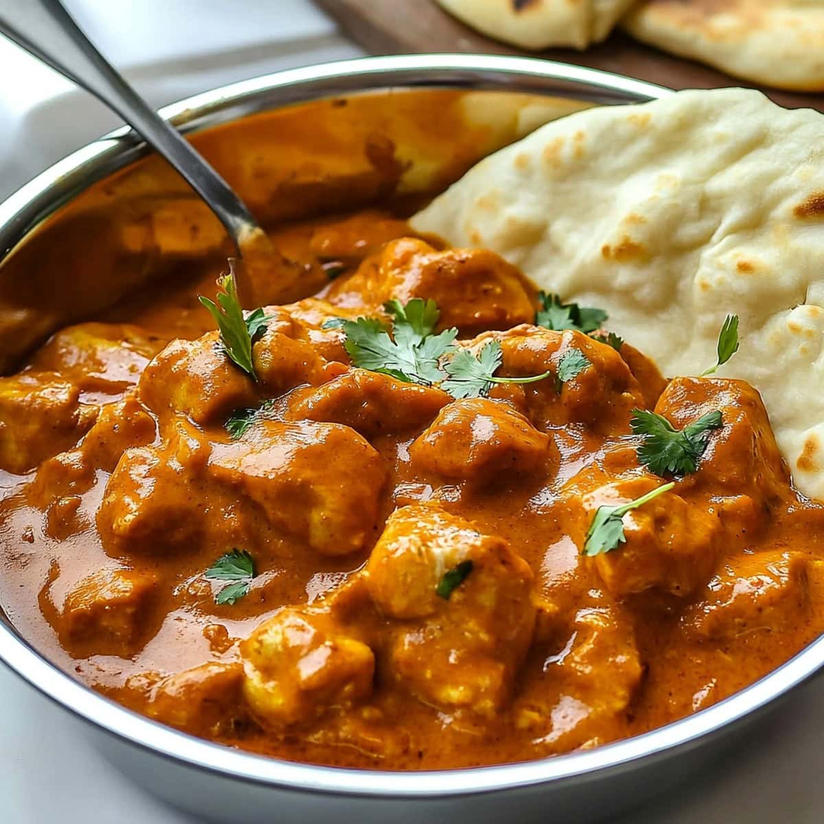 A bowl of Indian butter chicken garnished with cilantro.