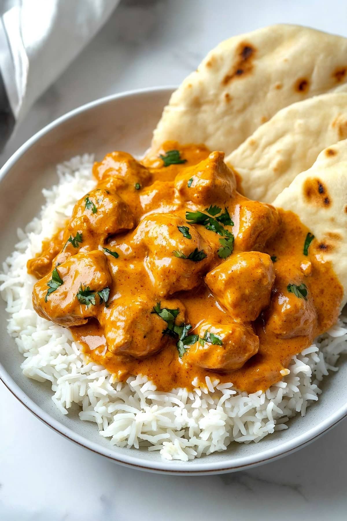 Indian butter chicken served with rice and pita bread.